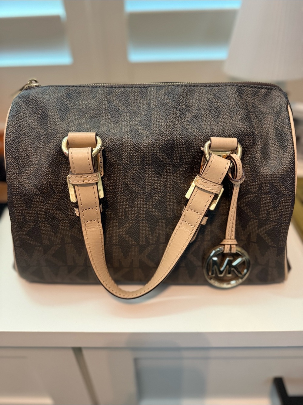 Michael Kors Brown MK Monogram Satchel with Beige Trim